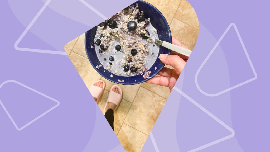 Collage, dark blue bowl filled with oats berries and almond milk