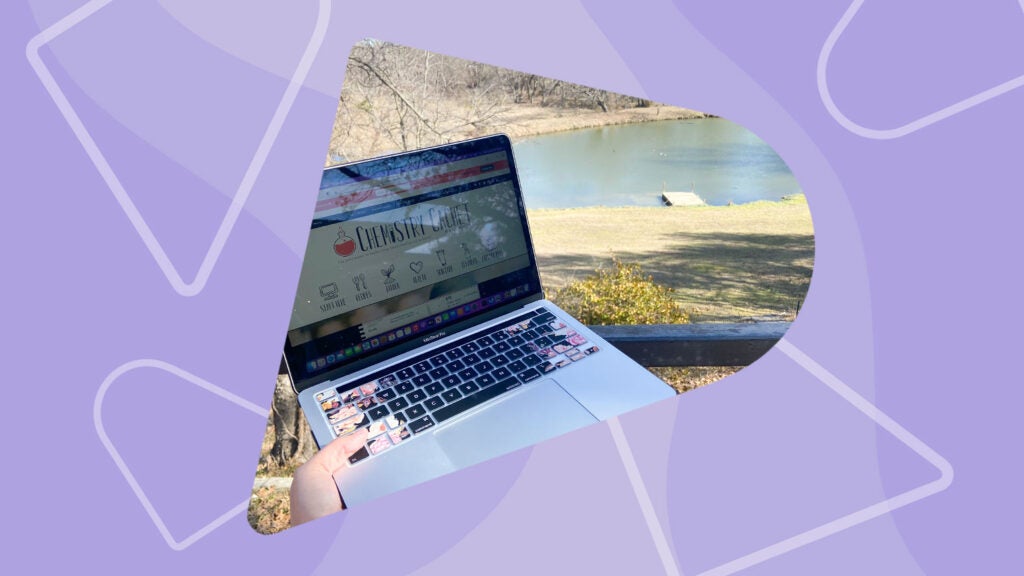 Collage, an individual holding a laptop outside close to a lake